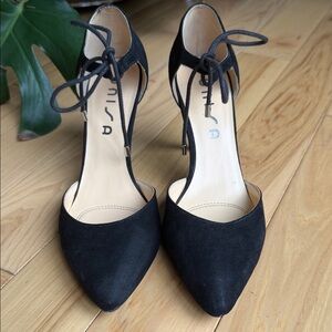 Unisa Black Suede Pointed-Toe Ankle-Tie Heels